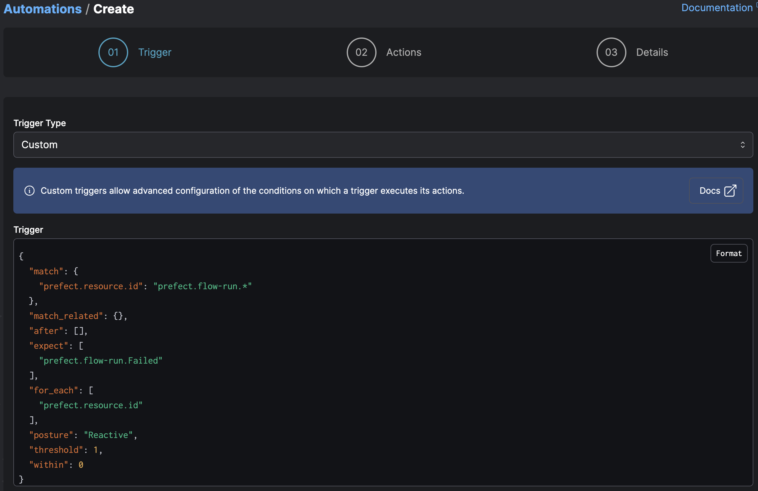 Viewing a custom trigger for automations for a workspace in Prefect Cloud.