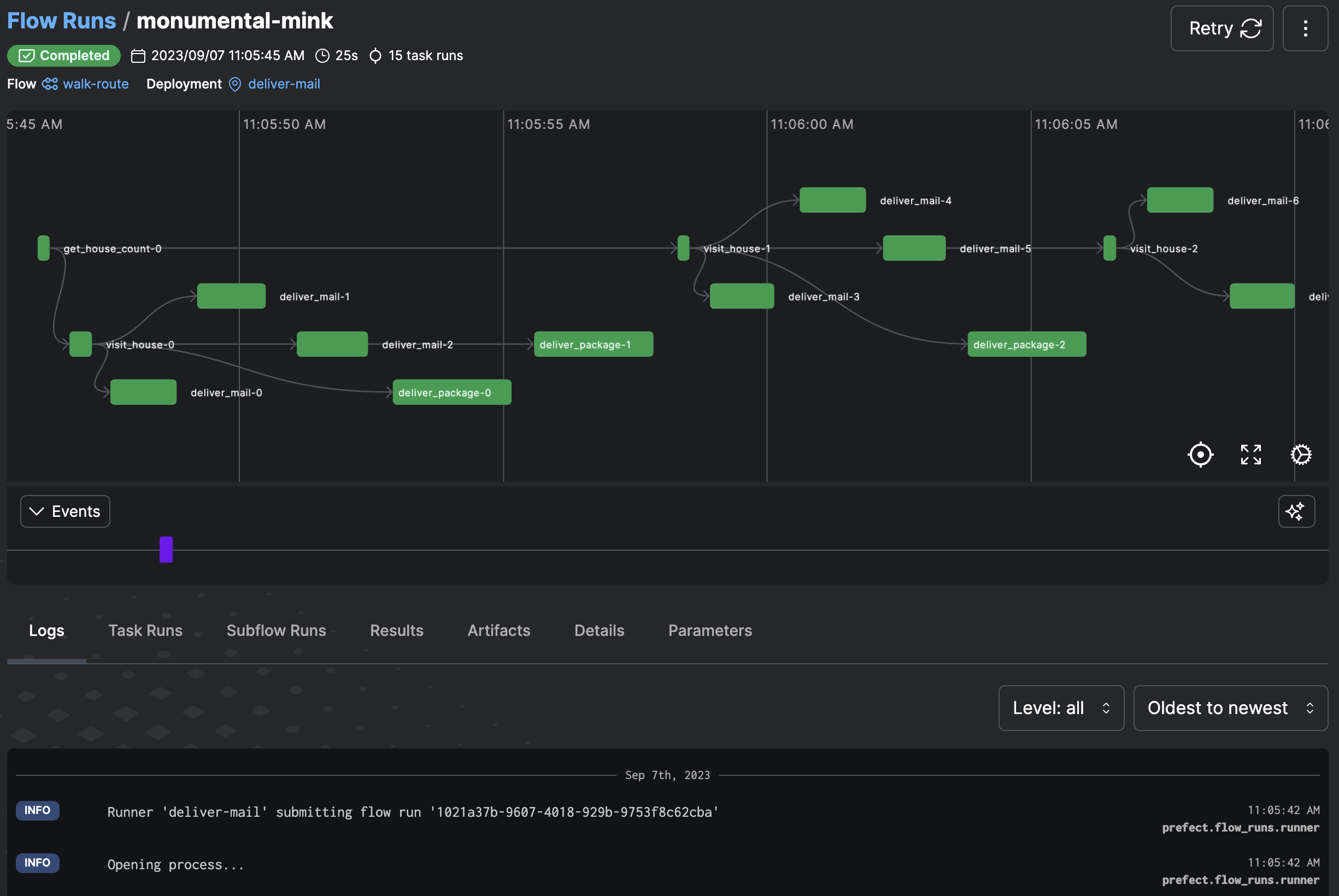 Viewing logs for a flow run in the Prefect UI